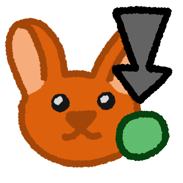  An orange cartoon bunny head has a grey ball next to xem with a grey arrow pointing at it.